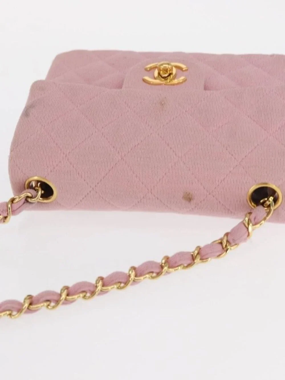 CHANEL Mini Matelasse 17 Chain Shoulder Bag Cotton Pink Gold CC Auth 159216